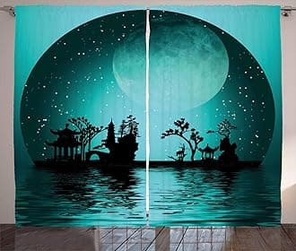 Ambesonne Asian Curtains, Landscape with Moon and Stars in The Night Sky Holiday Print, Living Room Bedroom Window Drapes 2 Panel Set, 108" X 84", Black Aqua