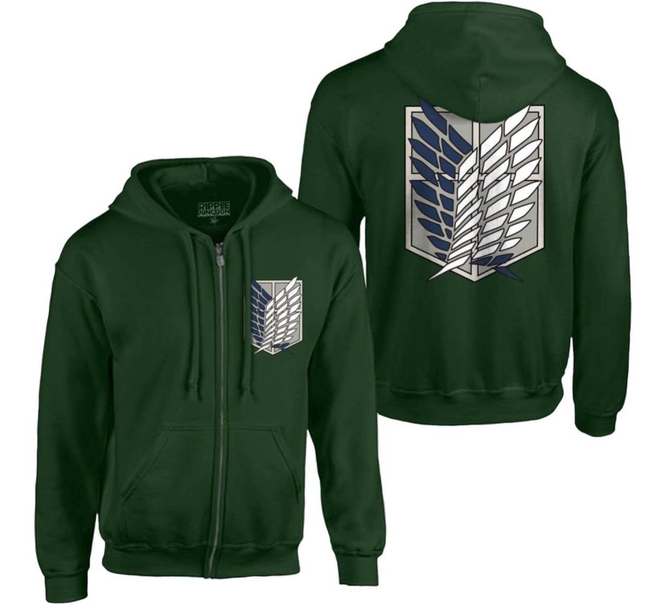 Ripple Junction Attack on Titan Men's Authentic Full Zip-Up Survey Corps Front & Back Hooded Sweatshirt Officially Licensed