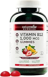NatureWise Vitamin B12 Gummies for Adults, 1000 mcg - Strawberry Lemon Flavor - Supports Daily Energy, Mental Clarity, Cognitive Function - Vegan, Gluten-Free, Non-GMO - 180 Count[3-Month Supply]
