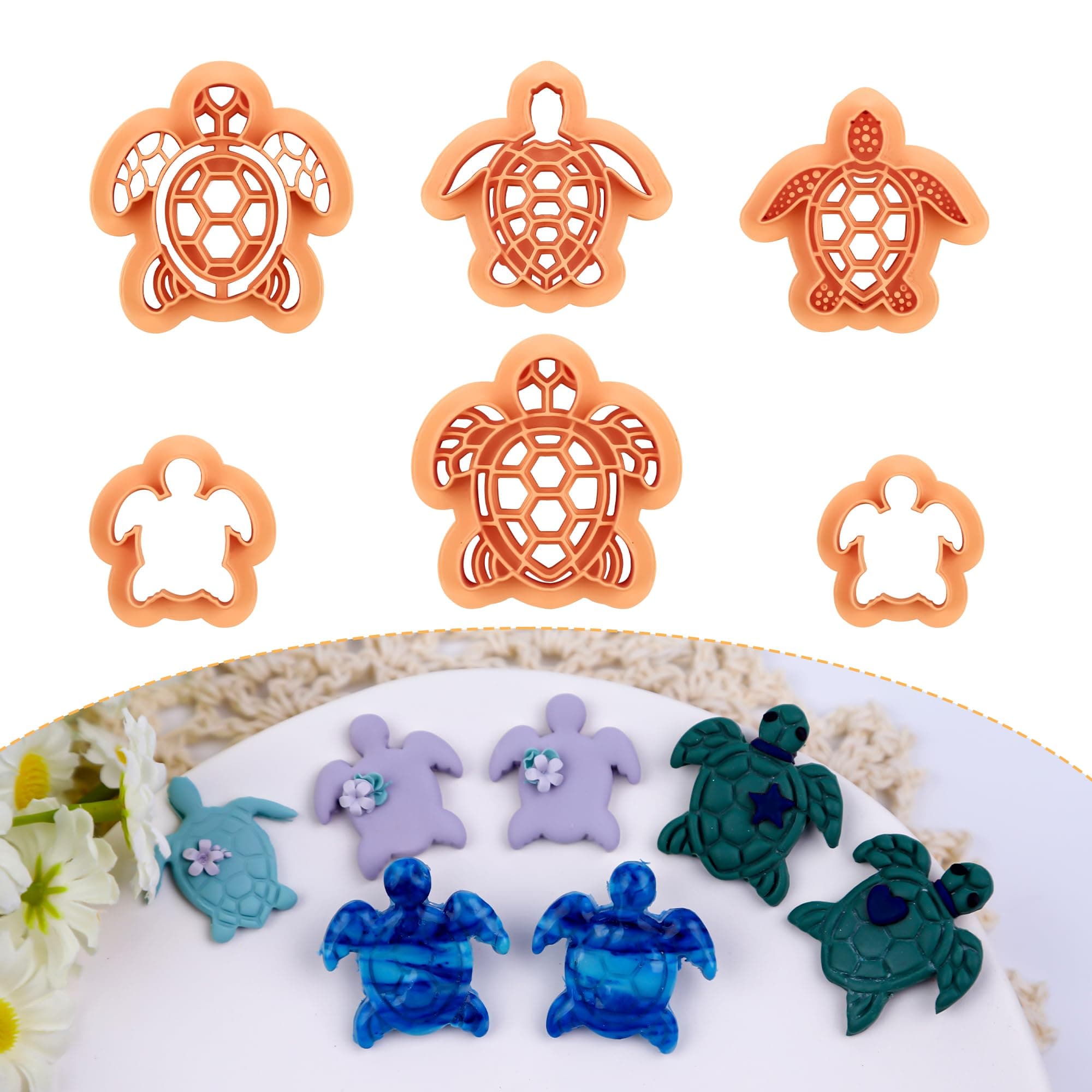 Puocaon Ocean Turtle Clay Cutters - 6 Pcs Embossed Turtle Clay Cutters for Polymer Clay Earrings, Ocean Life Clay Jewelry Cutters, 3D Print Sea Creature Polymer Clay Cutters for Earrings Jewelry