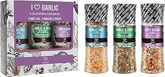 Soeos Spice Seasoning Set of 3 with Integrated Grinders, Spicy Garlic, Garlic & Herbs, Garlic Salt, Seasoning Gift Set.