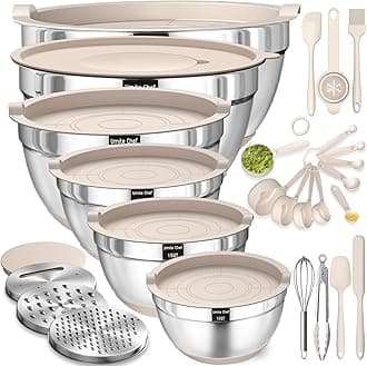 Stainless Steel Khaki Mixing Bowls with Airtight Lids & Grater Attachments, Non-Slip Bottoms - 26PCS Set, Sizes 7, 4, 2.5, 2, 1.5, 1QT