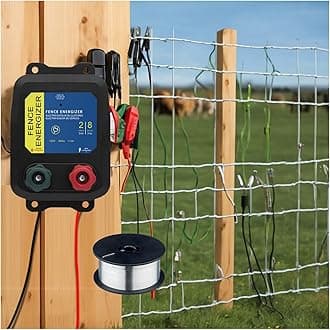 PE2 Electric Fence Energizer for Contain Small Animals, Keep Out Pests and Predators, 8 Acres/2-Mile Output Voltage 5000V, 0.1 Joule,with 17 Gauge Aluminum Wire