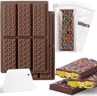 BABORUI 12 Cavities Chocolate Bar Mold Deep with Bags Scraper, Thick Chocolate Bar Mold for Stuffed Bar, Silicone Chocolate Mold for Filling Knafeh Pistachio Chocolate Bar(Diamond)