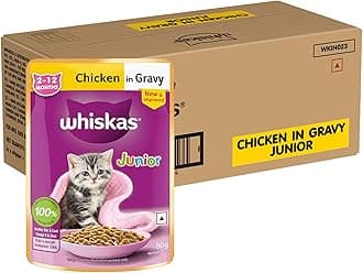 Whiskas Junior Kitten (2-12 Months) Wet Cat Food, Chicken in Gravy, 80 g (Pack of 56), Hydrating Food Made With Real Chicken, 100% Complete & Balanced Nutrition for Kittens
