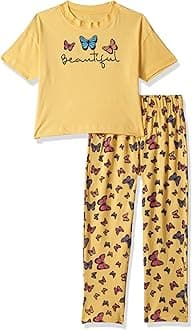T2F Girls Cotton Printed Oversized Fit Crop Top and Pant Pajama Set
