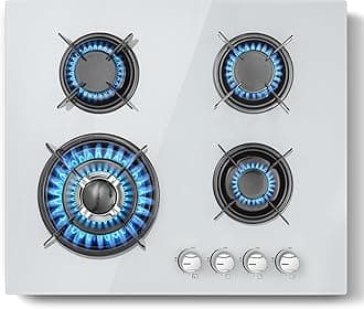 Gas Hob 4 Burners, TopStrong Built-in White Gas Hob 60cm with Flame Out Protection, LPG/NG Compatible, Enamelled Pan Supports & Easy Clean Surface, Glass, 8060W