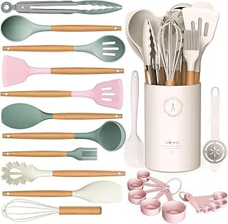 Silicone Cooking Utensils Set - AVGPD Silicone Kitchen Utensils for Cooking Wooden Handles, 446°F Heat Resistant Kitchen Utensil Spatula Sets, Gadgets for Non-Stick Cookware BPA FREE (Multicolour)