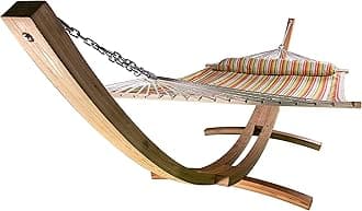 14 Ft. Wooden Arc Hammock Stand + Deluxe Quilted Double Padded Hammock Bed w/Pillow. 2 Person Bed. 450 LB Capacity(Natural Stain/Spring Stripe)