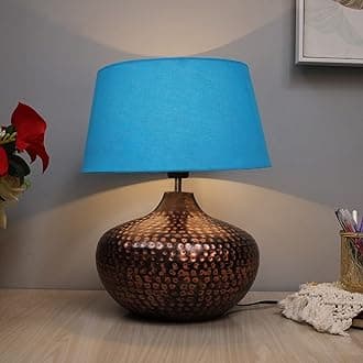 Homesake Antique Hammered Table LED Lamp Oil-Rubbed Bronze Metal Linen Drum Shade For Living Room Family Bedroom, (Gourd, Turquoise)