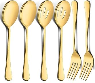 6 Pack Large Gold Serving Spoons and Forks Set, 9.8 Inch Stainless Steel Buffet Catering Party Banquet Serving Spoon Fork, Mirror Finished, Dishwasher Safe