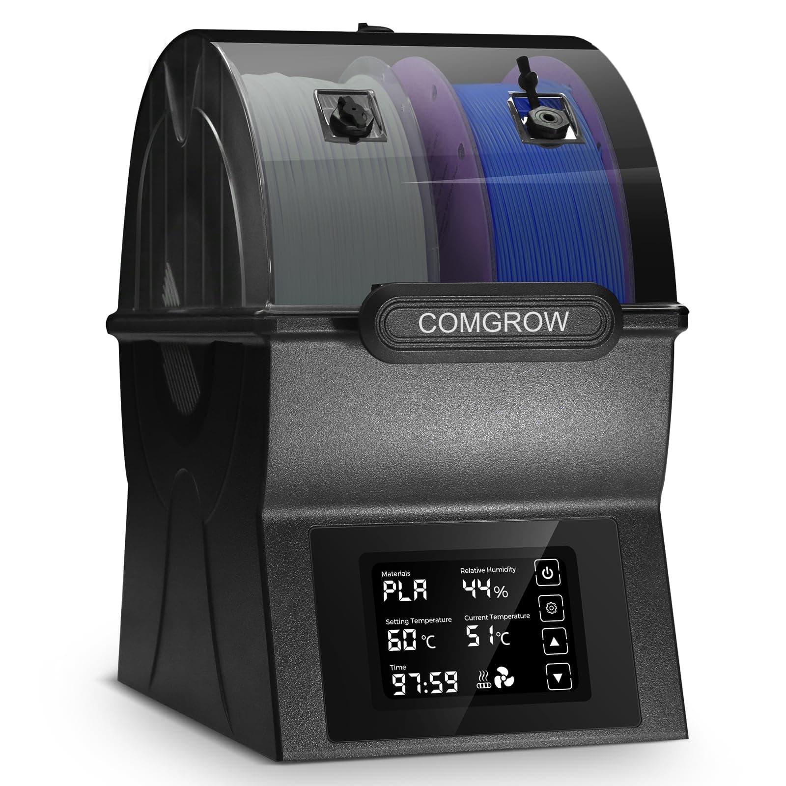 – Comgrow 3D Printer Filament Dryer Box SH02, 3D Filament Memory, Keeps Filaments Dry During 3D Printing, Compatible with 1.75 mm/2.85 mm PLA PETG PC ABS ASA, Filament Dryer, Spool Holder