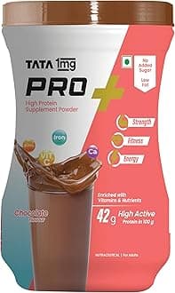 Tata 1mg Pro+ Soy Protein Supplement Powder- High Protein for Muscle & Bone Strength, Overall Fitness, and Energy with 23 essential nutrients,Low Fat & No Added Sugar,Chocolate Flavour