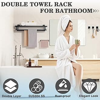 Alise GZ8000-B Bathroom Lavatory Towel Rack Towel Shelf with Two Towel Bars Wall Mount Holder,SUS 304 Stainless Steel Matte Black