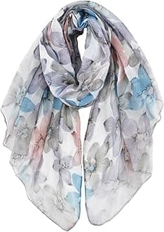 GERINLY Elegant Lady Scarf with Flower Print, Light Cotton Voile Head Wrap, Pretty Shawl (Light Grey)