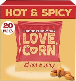LOVE CORN Hot & Spicy – Crunchy Roasted Corn Snack, Gluten Free, Non-GMO, Vegan, Kosher – Lunchbox, Office & On-the-Go Snacks, Alternative to Chips, Nuts & Crackers – Family Size, 0.7oz × 20 Bags