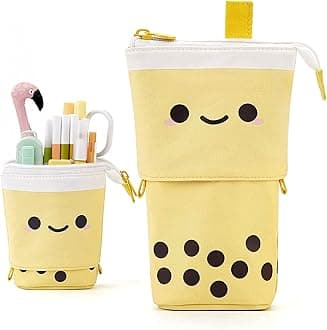 ANGOOBABY Cute Pencil Case Standing Pen Holder Telescopic Makeup Pouch Pop Up Cosmetics Bag Stationery Office Organizer Box for Girls Students Women Adults (YELLOW)