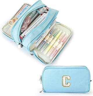 Extra Large Capacity Pencil Case 3 Compartment Initial Pencil Pouch Personalized Cute Aesthetic Stationery Pen Case Bag for School Teen Girl Boy Men Women Gift (C, Blue)