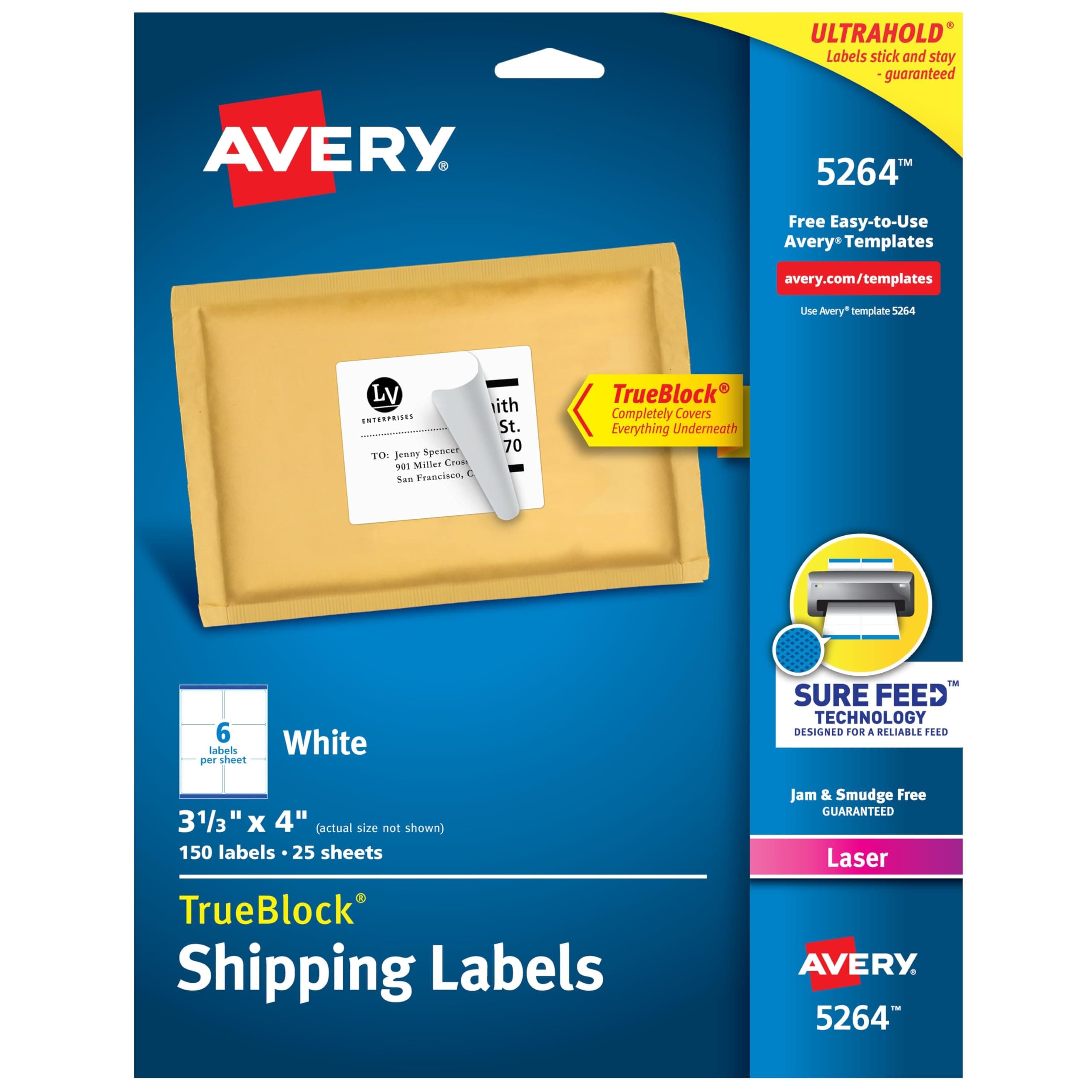 Printable Shipping Labels with Sure Feed, 3-1/3" x 4", White, 150 Blank Mailing Labels (5264)