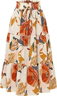 Floral Maxi Skirt for Women Summer Comfy Tiered Elastic High Waisted Skirts Vacation A-Line Flowy Swing Long Skirts