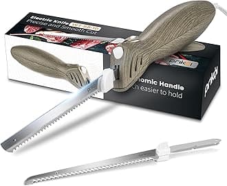 Electric Knife - Easy-Slice Serrated Edge Blades for Carving Meat, Bread, Turkey, Ribs, Fillet, DIY, Ergonomic Handle + 2 Blades for Raw & Cooked Food(Faux Wood)
