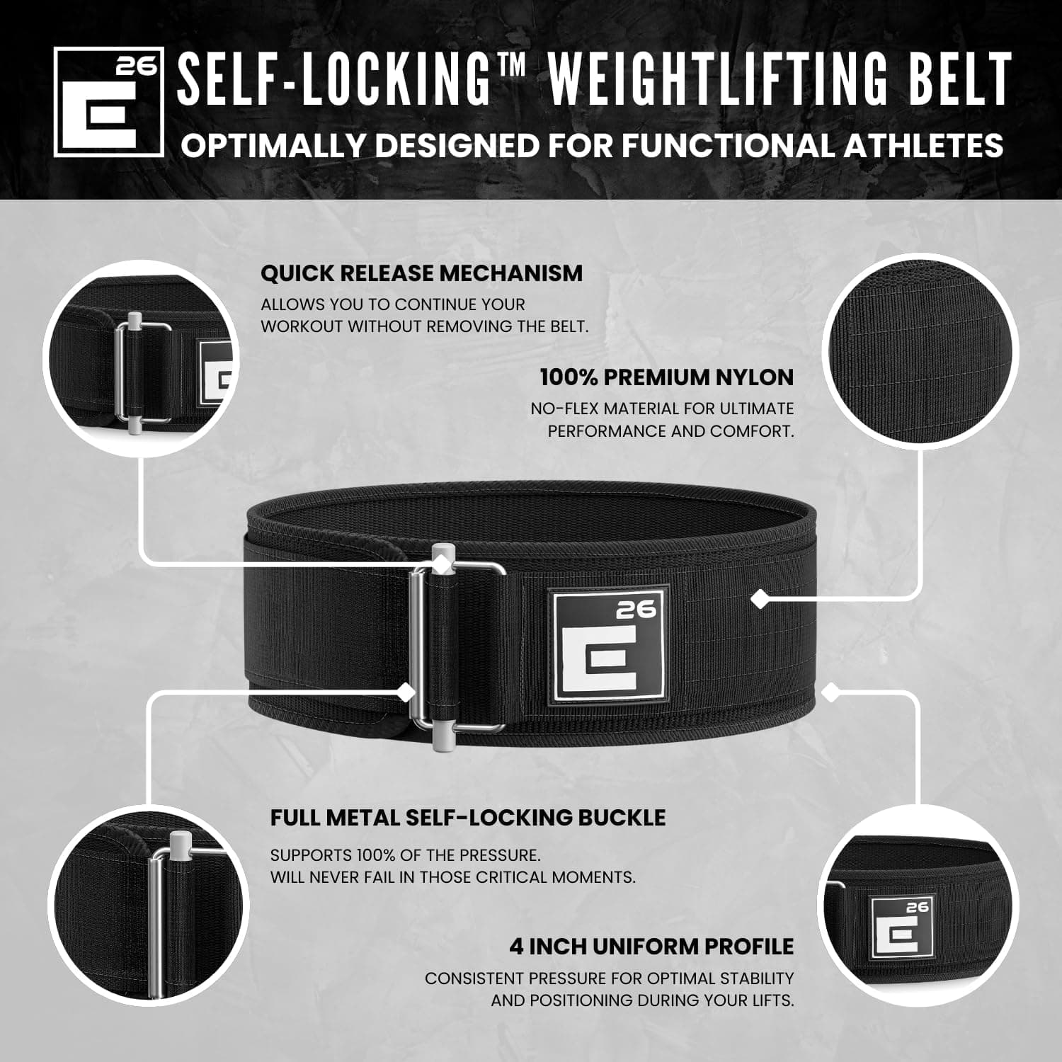Element 26 Self-Locking Weight Lifting Belt - Premium Weightlifting Belt for Serious Functional Fitness and Olympic Lifting Athletes - Lifting Support for Men and Women - Deadlift Training Belt