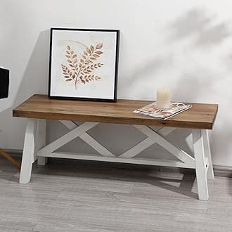 43" Farmhouse Wood Bench, Rustic Solid Wood Entryway Bench Seat with Double X-Structure for Dining Room, Living Room, Hallway, Structural Stability, White