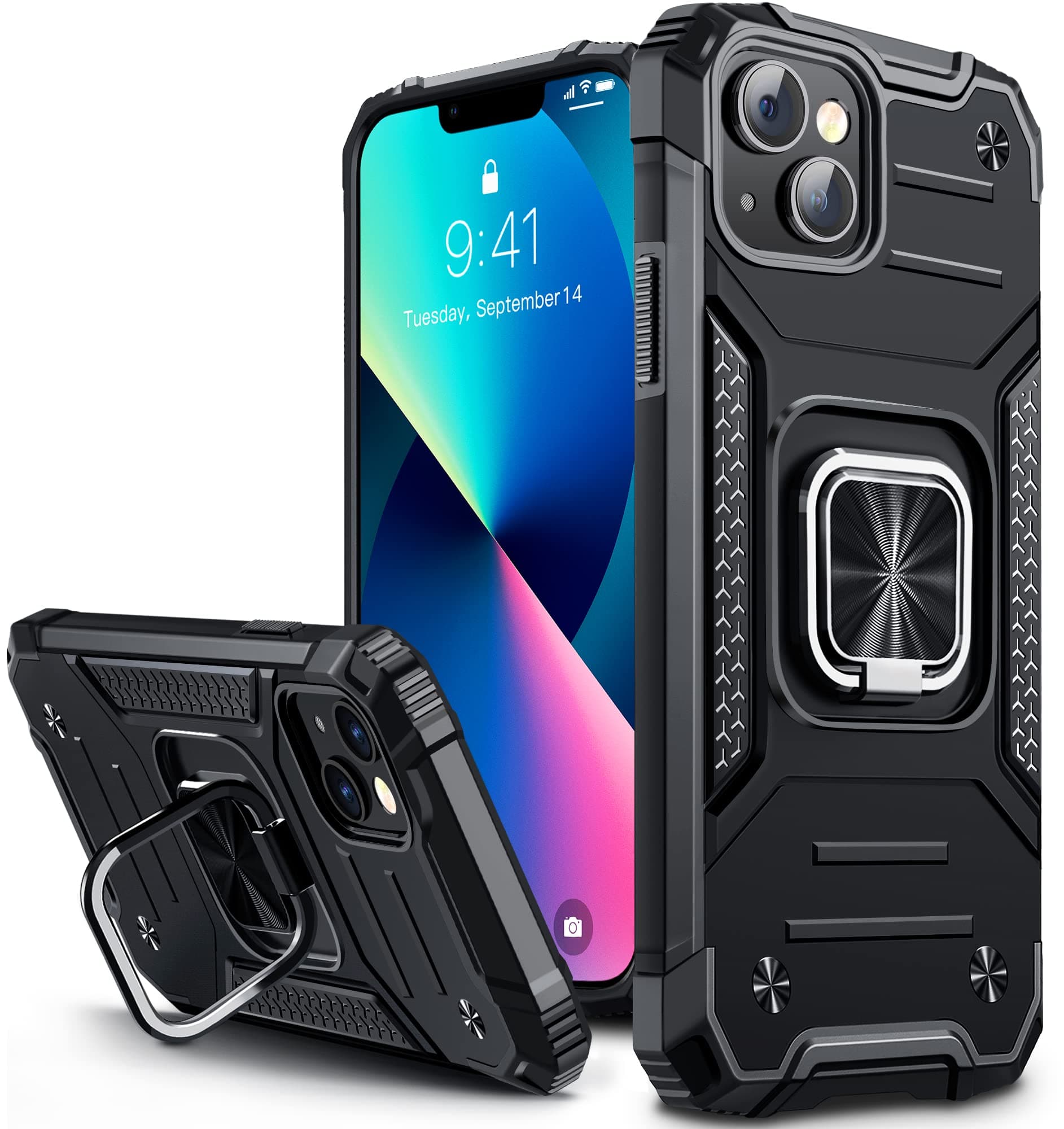 Vakoo Stand-Series iPhone 14 Case, iPhone 13 Case, Heavy Duty Shockproof Phone Case with Metal Ring Kickstand Cover for iPhone 14/13 (6.1-Inch) - Black