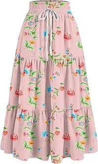 Maxi Skirts for Women Summer Boho Floral High Waisted Skirts Flowy Swing Pleated A-Line Beach Tiered Long Skirts