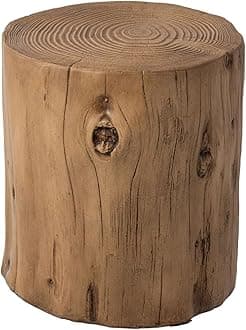 SUNBURY Outdoor Stump Side Table, Faux Wooden Concrete Side Table, Tree Stump Wooden Stool, Patio End Table, Round Outdoor Accent Drum Table, Light Brown Ottoman or Plant Stand