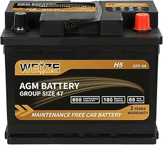 - Weize Platinum AGM Battery BCI Group 47-12v 60ah H5 Size 47 Automotive Battery, 100RC, 680CCA, 36 Months Warranty, Dimensions 9.52" L x 6.89" W x 7.48" H