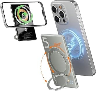 Kuulaa Magsafe Power Bank Slim 5000mAh Magsafe Battery Pack 8mm Wireless Power Bank with Stand 360° Rotatable Ring, Wireless Portable Charger PD20W USB C for iphone 16/15/14/13/12 Series, Titan