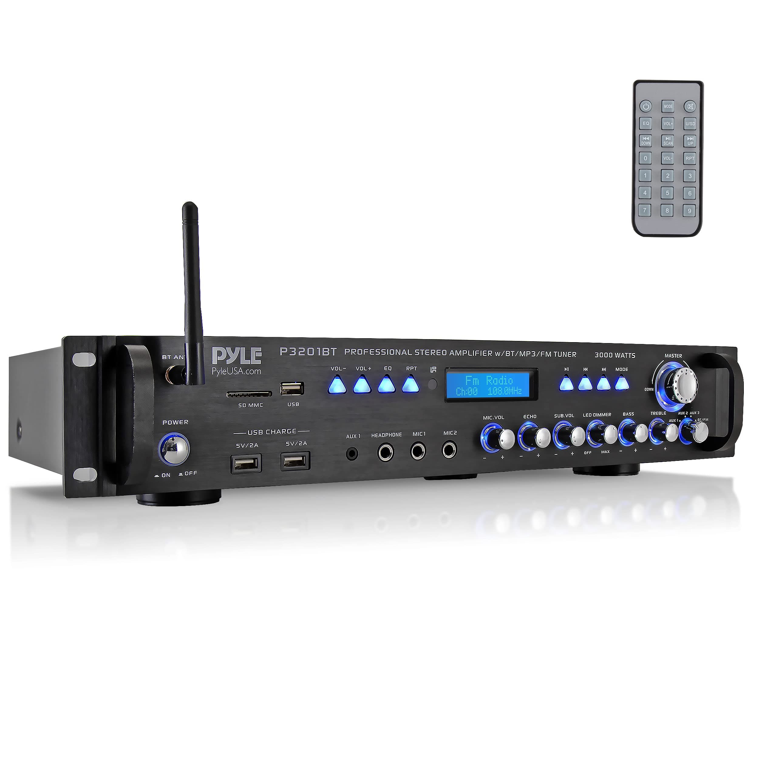 Multi Channel Bluetooth Preamplifier Receiver - 3000 Watt Audio Home Speaker Sound Stereo w/Radio, USB, Headphone, AUX, RCA, Dual Microphone w/Echo, LED, Wireless Streaming - P3201BT