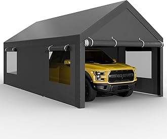 JAMFLY Carport, 10x20 ft Heavy Duty Carport with Roll-up Windows, Portable Garage with Removable Sidewalls & Doors, Car Canopy with Sandbags and All-Season Tarp for Car Boat Truck Motorcycle, Grey