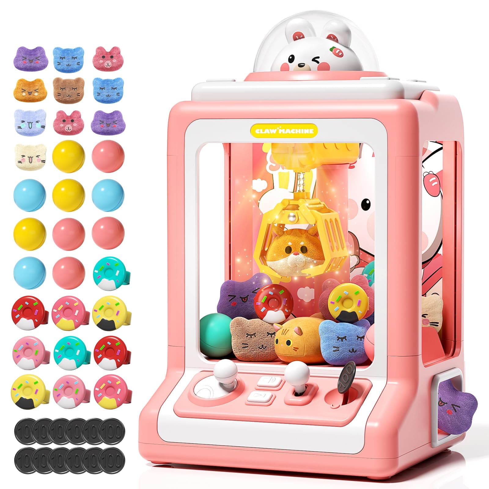 Claw Machine for Kids - Mini Vending Machine with Volume Control & Music, Electronic Rabbit Prize Dispenser Toys with 30 Prizes (Plush, Eggs), Party Birthday Gifts for Girls Age 3 4 5 6-8