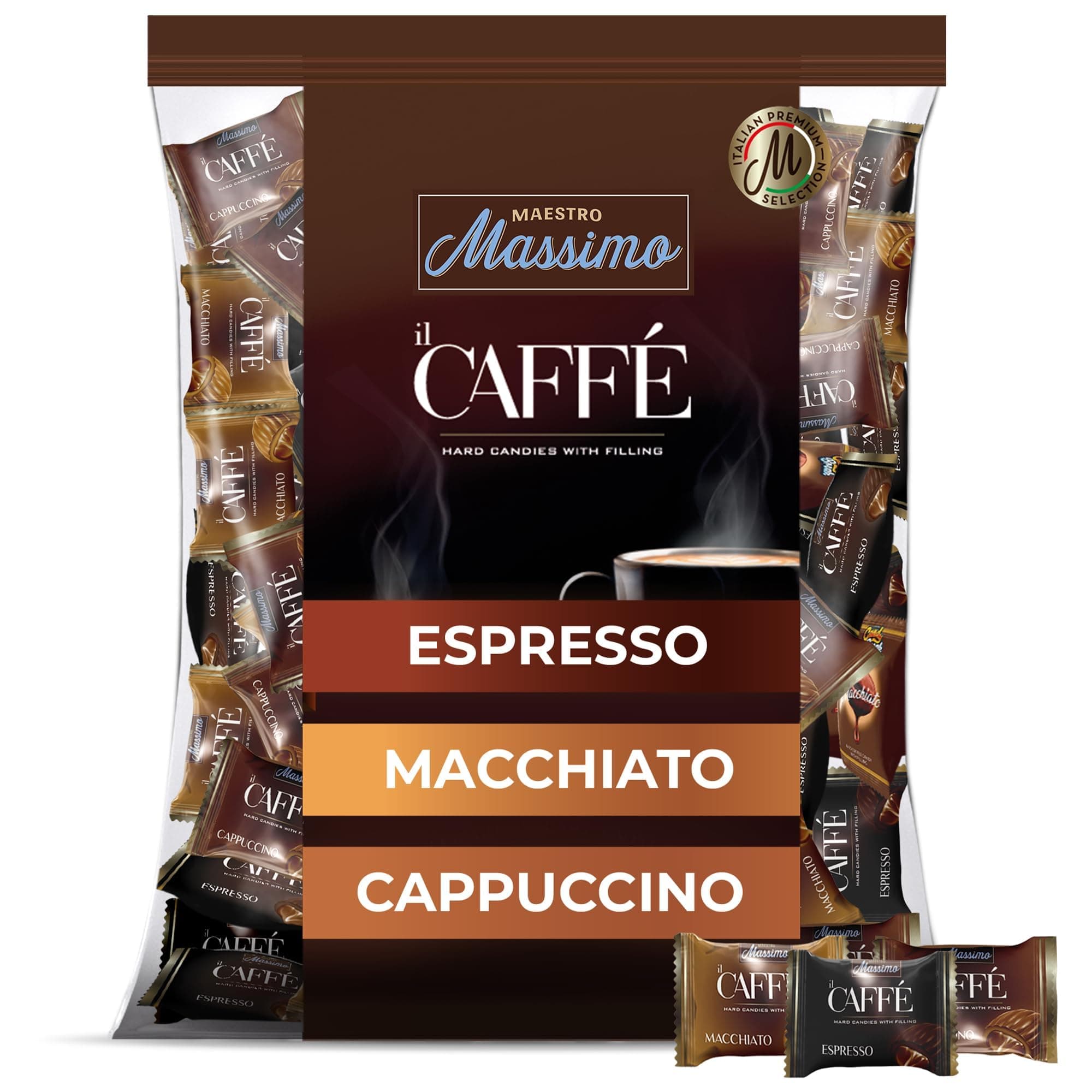 Maestro Massimo Assorted Coffee Candy - Individually Wrapped 2.2 Pound Bulk Bag, 3mg Caffeine per Hard Candy, Original Espresso, Macchiato, Cappuccino Flavored, Made with Bold Arabica Coffee (Pack of 1)