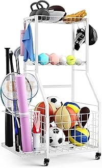 Sports Equipment Garage Organizer,Garage Ball Storage for Sports with Wheels-Upgraded 5 Layers Garage Sports Gear Rack Outdoor Basketball Racks for Balls with Baseball Bat Holder and Hooks