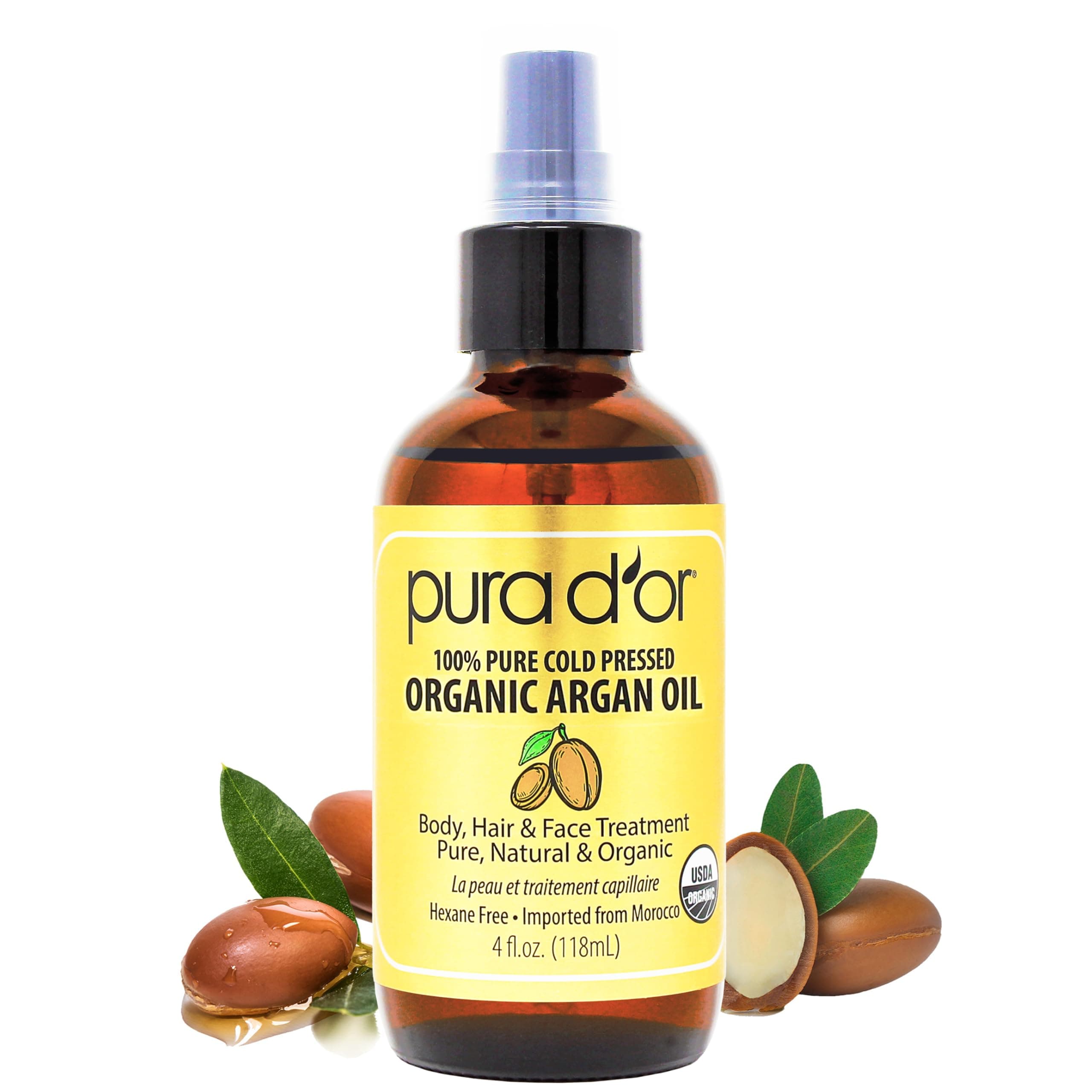 Organic Moroccan Argan Oil (4oz / 118mL) USDA Certified 100% Pure Cold Pressed Virgin Premium Grade Moisturizer Treatment for Dry, Damaged Skin, Hair, Face, Body, Scalp (Packaging may vary)