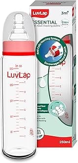 Essential Slim Neck Glass Feeding Bottle, 250Ml, 3M+/Babies Upto 3 Years, Made of Borosilicate Glass, Bpa Free, Ergonomic Shape is with Anti Colic Nipple, Pack of 1, White & Red