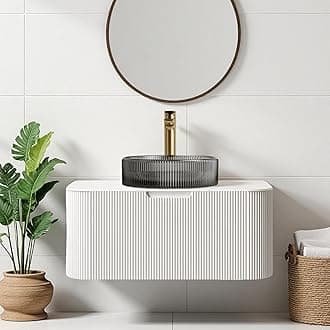 30 inch Bathroom Vanity with Sink, Floating Bathroom Cabinet with Round Transparent Black Glass Basin and Marble Top, Extra Large Storage Drawer, Soft-Close Design, Pre-Assembled, White