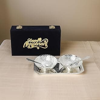 INTERNATIONAL GIFT German Silver Lotus Bowl Spoon Tray Or Carry Bag with Happy Anniversary Customized Box (IG-Round/S-Anniversary)