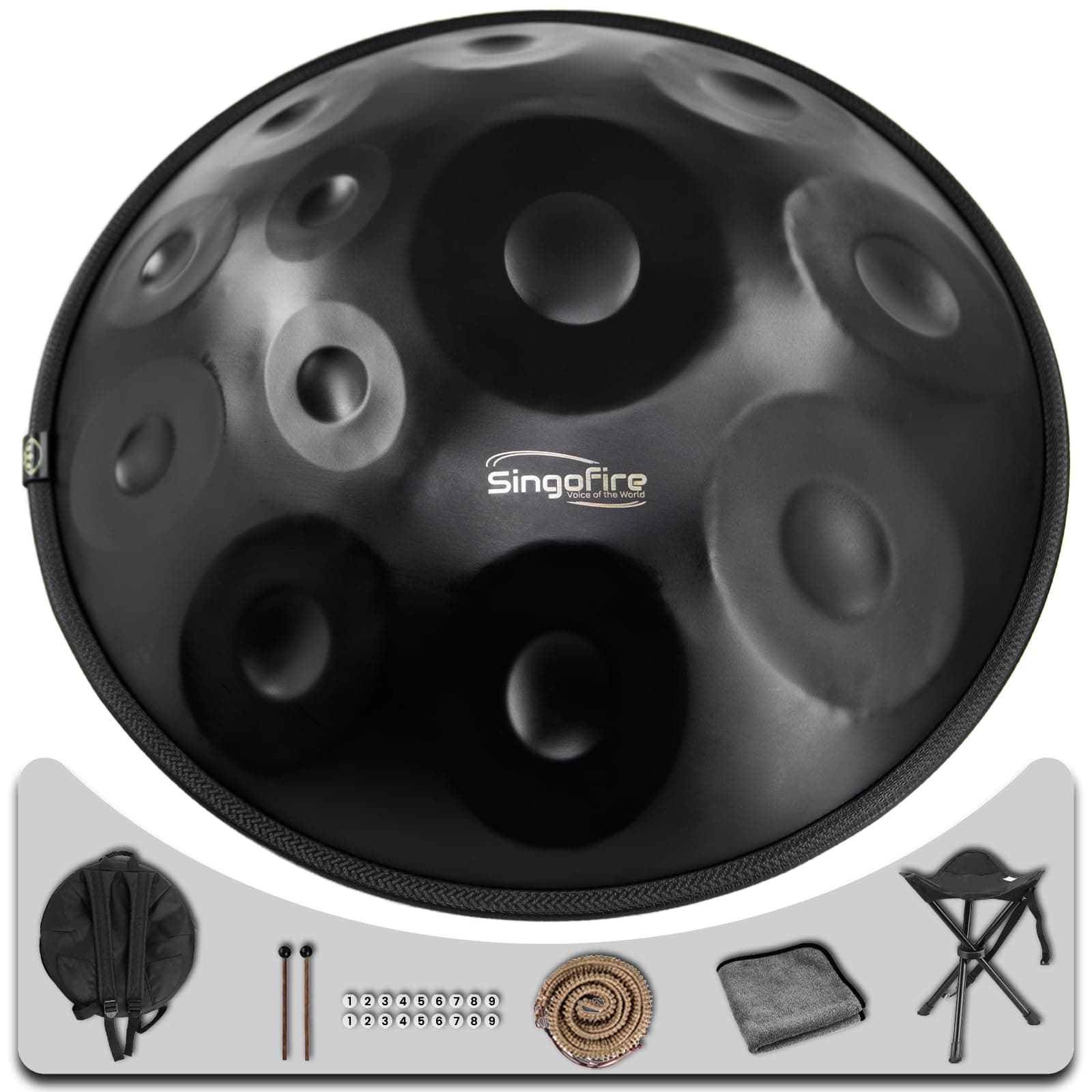 "SINGOFIRE" 12-Notes Handpan Drum, Handpan Drums for Adults, 22-Inch 440Hz D Minor Kurd Handpan, HandPan Instrument with Soft Handpan Bag, 2 Handpan Mallets, Handpan Stand and Dust-Free Cloth (Black)