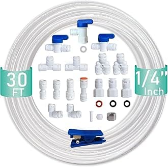 NSF Certified 1/4" O.D. Push to Connect Fittings for RO (Reverse Osmosis) Water Filter（ Fridge Installation Kits）20 pcs+30 feet 1/4" Water tubing.