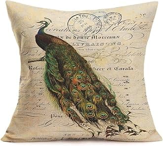 Fukeen Peacock Throw Pillow Case Cotton Linen Retro Postcard Letters Backdrop Decorative Cushion Covers 18x18 Inch Pillowcases Natural Style for Farmhouse Decor Standard (Peacock 2)