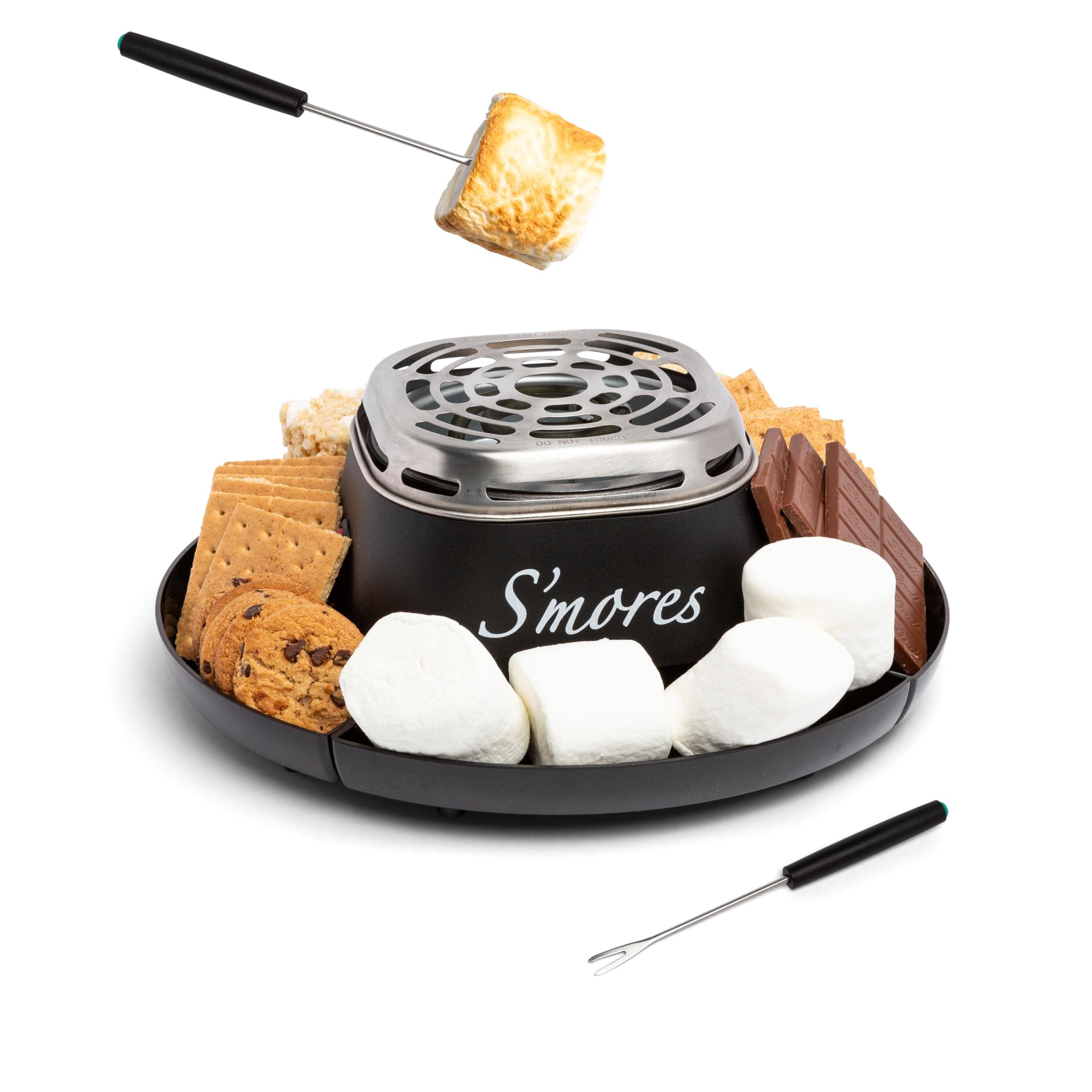 Tabletop Indoor Electric S'mores Maker - Smores Kit With Marshmallow Roasting Sticks and 4 Trays for Graham Crackers, Chocolate, and Marshmallows - Movie Night Supplies - Black