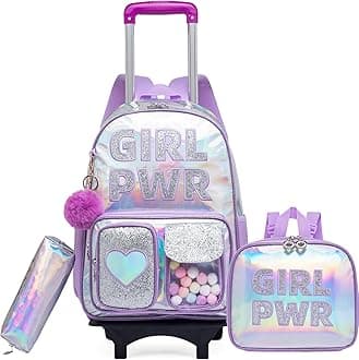 Girls Rolling Backpack for School Backpack with Wheels For Girls 8-12 Bookbag with Lunch Box Pencil Case