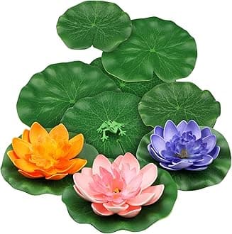 10pcs Floating Foam Lotus Flowers with Artificial Frog Lotus Leaves, Lily Pads for Lake, Artificial Pond Plants Ornaments for Pool Aquarium Water Decoration, Colorful