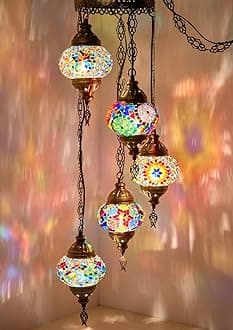 DEMMEX Turkish Moroccan Mosaic Plug-in Chandelier, 5-Globe Colorful Bohemian Swag Pendant Light with 15-ft Cord & Chain, 3.5 ft Drop for Living Room & Bedroom (Customizable)