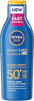NIVEA SUN Protect & Moisture Sun Lotion SPF 50+ (200 ml), Suncream with Vitamin C and Hyaluron, Provides 48H Moisture and Immediate UVA/UVB Protection, Fast-Absorbing, No White Cast Formula