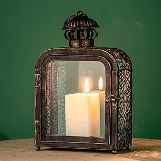 DECORKEY Candle Lantern Decorative Indoor & Outdoor, Vintage Metal Lanterns with Clear Glass, Tabletop&Hanging Candle Holders for Patio Front Porch Home Decor, Christmas Decorations (Bronze)